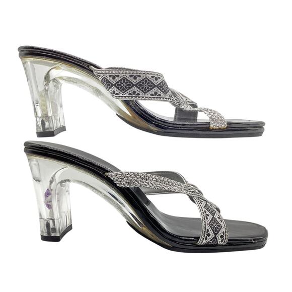 Prada VTG Women’s Sandals Lucite Clear Heel with Flower and Lace in Black - Picture 3 of 5
